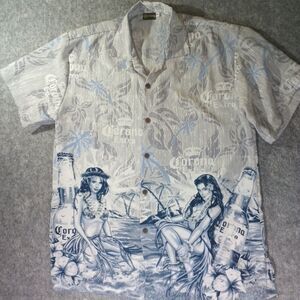 Corona Hula Girl Hawaiian Blue and White Shirt Size XL